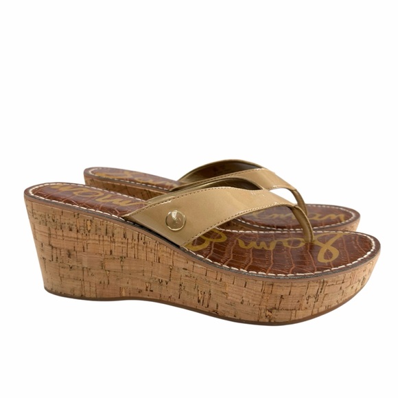 Sam Edelman Romy Faux Patent Platform Cork Wedge Thong Sandals Tan Size 8M - Picture 3 of 15